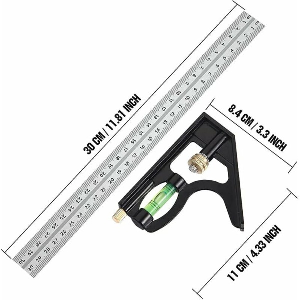 Yhdistelmäkulma 300mm Ruostumaton teräs Yhdistelmäkulmaviivain Yhdistelmäkulma Mittaustyökalut(Musta)