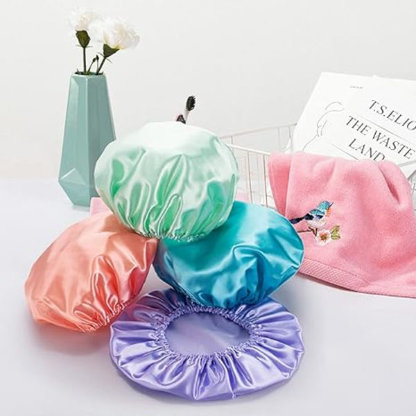 Duschmössor för kvinnor återanvändbara vattentäta, 4-pack damduschmössor återanvändbara hårmössa för dusch  lager elastiska, 30CM，rosa blå lila grön