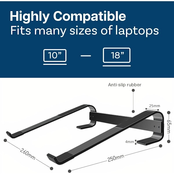 Laptopstativ - 10 till 18 tum Laptopstativ - Universellt Ventilerat Laptopstativ Kompatibelt med MacBook, Notebook, ASUS, Acer, etc - Svart Aluminium