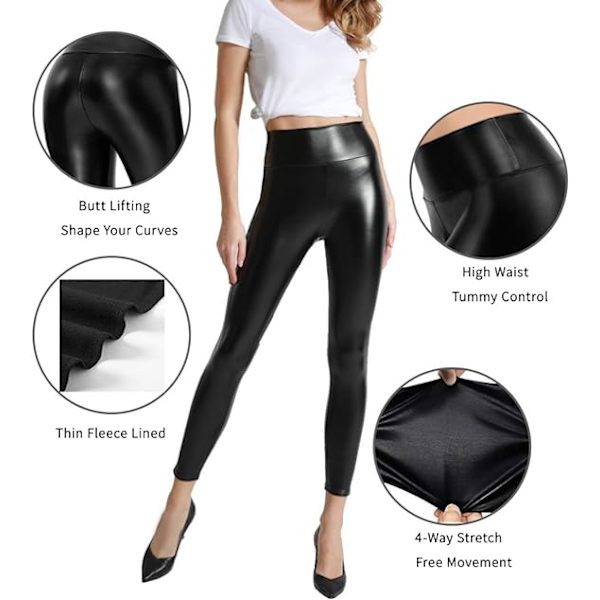 Kvinders elastiske leggings i kunstlæder - Sexede sorte leggings med høj talje
