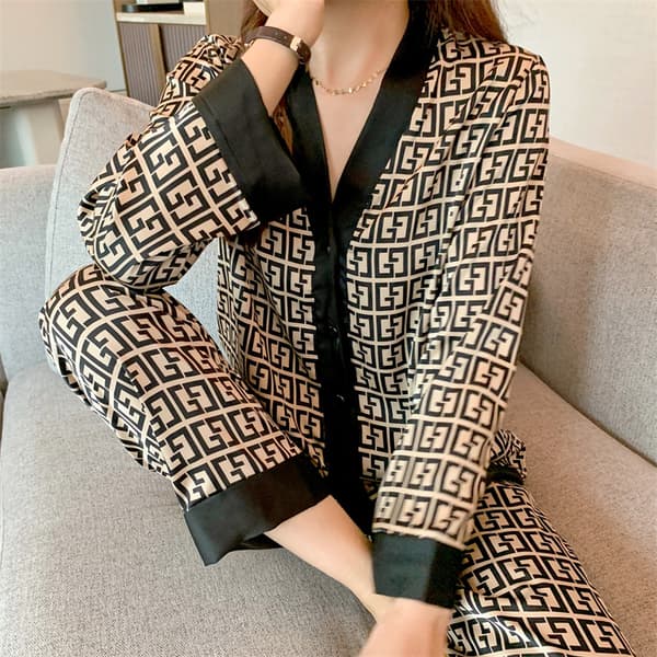 Dame Pyjamas Sæt V-hals Design Luksus Kryds Brev Print Nattøj Silke