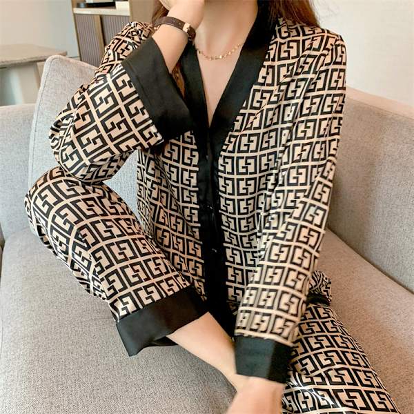 Dame Pyjamas Set V-hals Design Luksus Kryss Bokstav Trykk Nattøy Silke