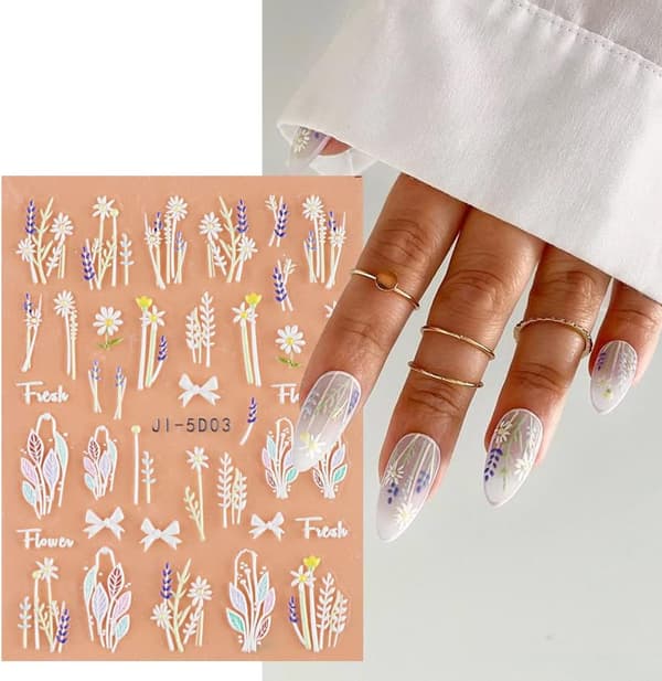 5D Präglade Blomsterblad Nagelkonst Dekaler 3 Ark