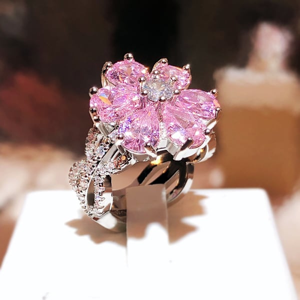 Glittrande ring med full diamant, guldcocktailring, tårformad rosa kubik 10 nummer