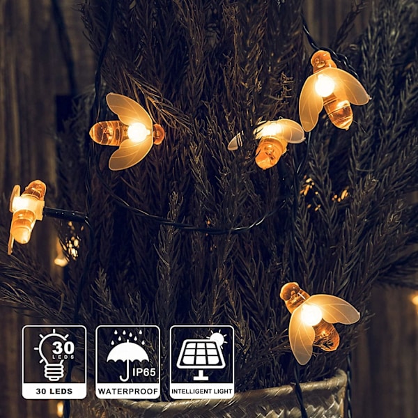 Solarslinga, 6,5 meter 30 LED Solcellsslinga, LED-slinga för Trädgård Uteplats Bröllopsfest Juldekoration (Bi)