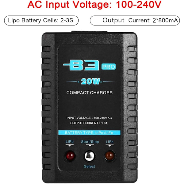 B3 20W 1.6A Pro Balance-lader til 2S 3S 7.4V 11.1V Lithium LiPo Batteri Mini Bærbar RC Flyvemaskine Lader - Sort