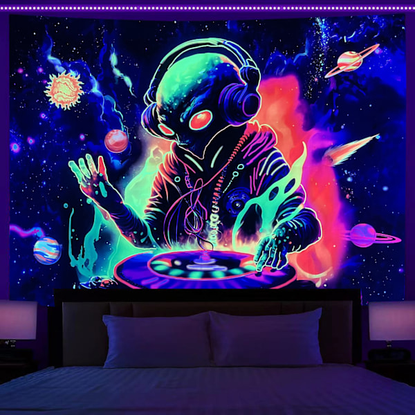 Sort Lys Alien Vægtæppe 180X230CM Effekt Billede Under Blåt Lys Alien DJing Psykedelisk Vægtæppe Planet Plakater Hængende til Soveværelse Stue