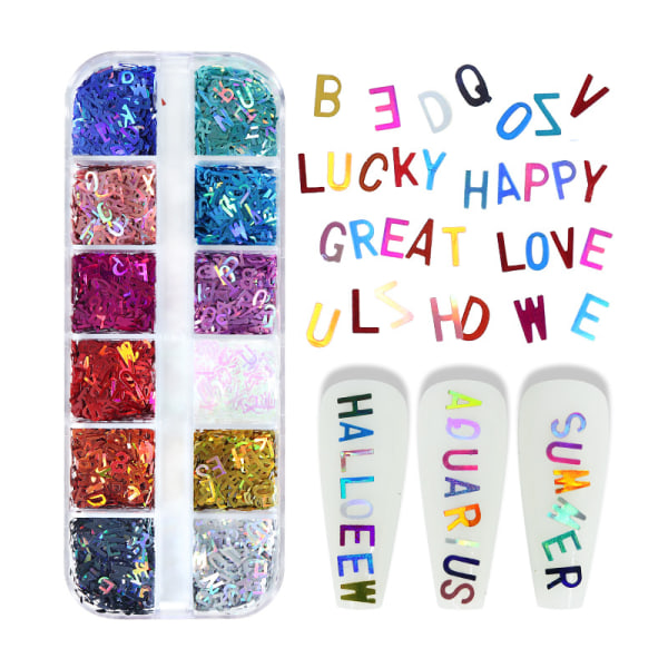 Letter Nail Art Paljetter Laser Alfabet Nail Glitter Flakes Confetti DIY Des