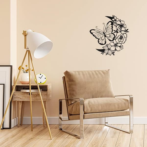 Metallfjäril Väggkonst Blomsculptur, Svart Blomväggdekor Modern S
