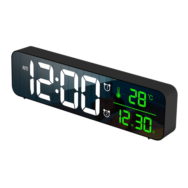 Digital vekkerklokke, veggklokke morgen vekkerklokke LED digitalt speil stor skjerm med dato temperatur, 2 alarmer, 40 musikk, 6 dimbare lysstyrker, USB-klokke for hjemmekontor, svart26,5*7*3,5cm