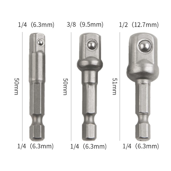 3 stk. Universal Hex Kvadrat Nøgleadapter 1/2\", 1/4\", 3/8\", Multifunktionsnøgle, til Akku Boremaskine og Skruetrækker, Nøgleadapter