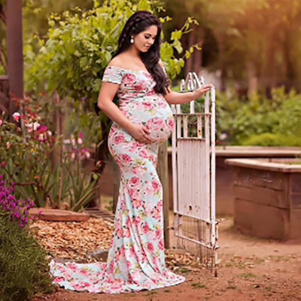 Äitiys Elegant Fitted Maternity Gown lyhythihainen Cross-Front V-kaula Slim Fit Maxi Valokuvausmekko Valokuvausta varten