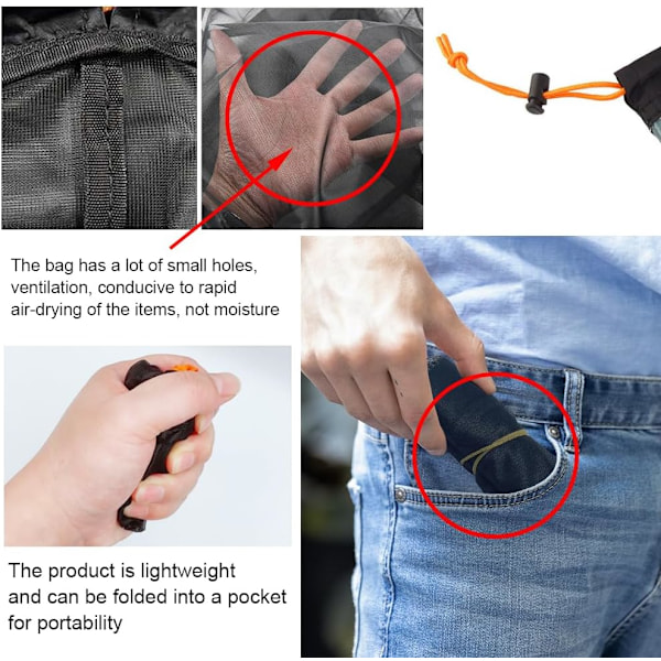 2 stk Svarte Mesh-poser, Ultralette Mesh-poser, Små Mesh-poser med Trekkstreng, Lagringspose for Camping og Fotturer