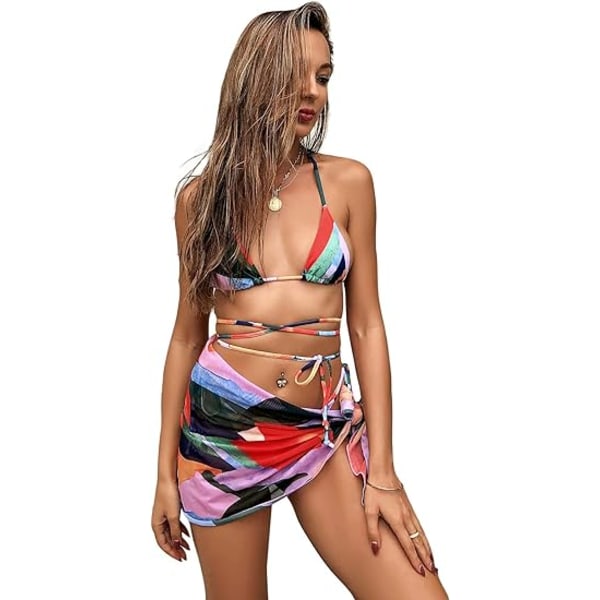 Dam 3-delad Tie Dye Bikini Set Baddräkt med Sarong Cover Up Beach Skir