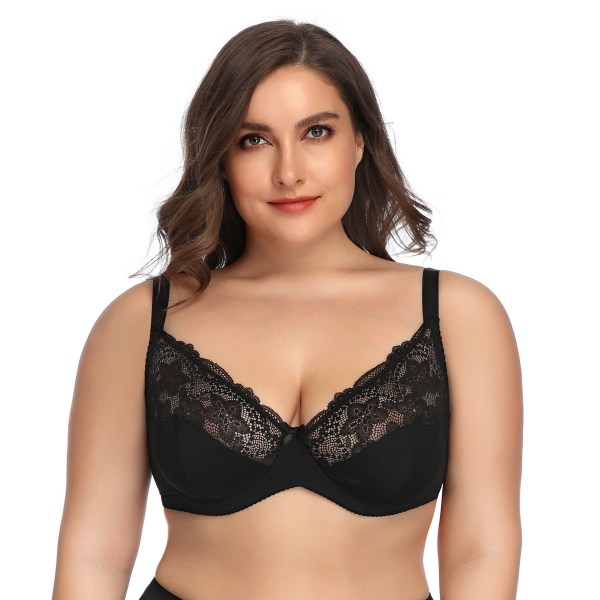 Dækkende minimizer bh med bøjle og blonder til kvinder - Støttende plus size bh'er til kvinder 42/95E sort