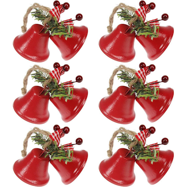6 stk røde juleklokker, juletrehengende ornament metall bjelleklokker for jul