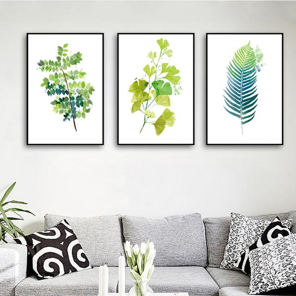 3 stk, Grønne blader plante lerretstrykk, ingen ramme, 30x40cm