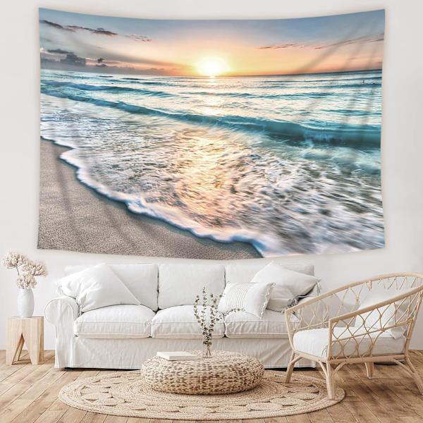 Strand Ocean Solnedgång Soluppgång Kust Gobeläng för Sovrum Extra Stor Väggdekor 150cm*130cm Sommar Hawaiiansk Havsvåg Havskust Solstråle Strandlinje Skyline Väggbonad Sovsal Vardagsrum