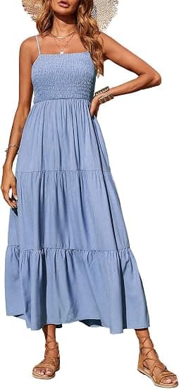 Kvinders Sommer Maxi Kjole Casual Boho Ærmeløs Spaghetti Stropper Smocked Ti