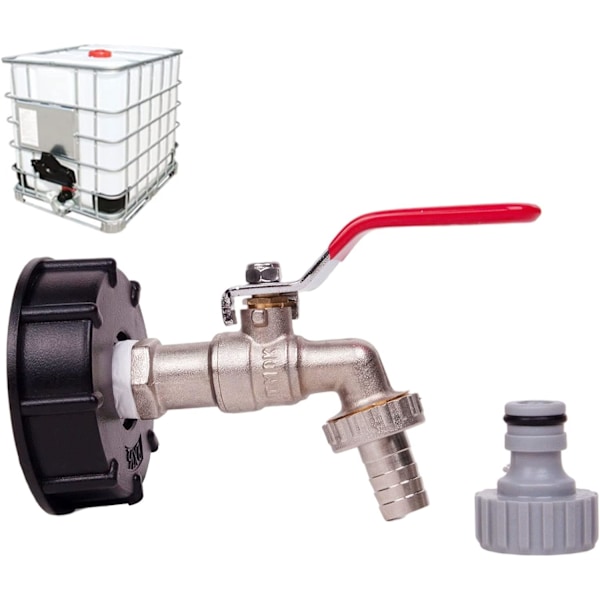 1000L Tankkran Regnvattensamlare Kran, IBC Vattentank Adapter 1/2\" Dubbel Mässingskran Tillverkad av PP Grov Tråd 60mm (1st)