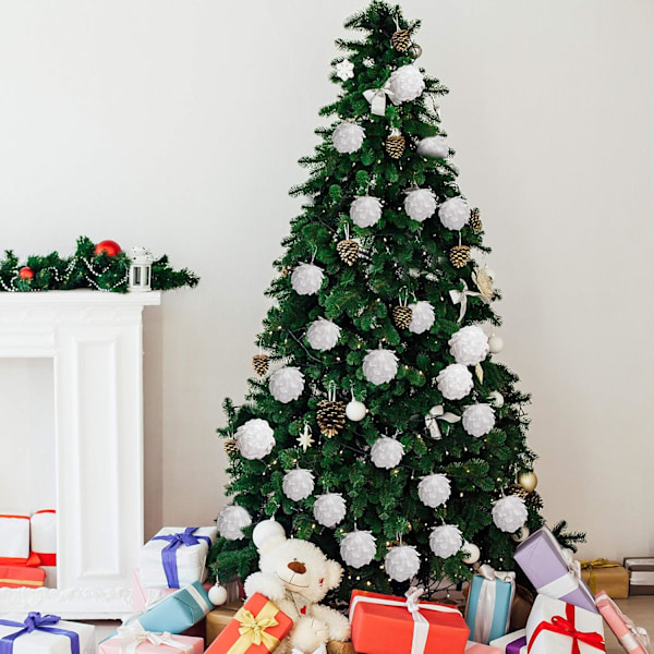 Pinecone Julekuler (4-pakning) - Store Hvite Glitrende Pinecone Julekuler med Snøre - Hvit Hengende Julepynt til Tre, Kranser,