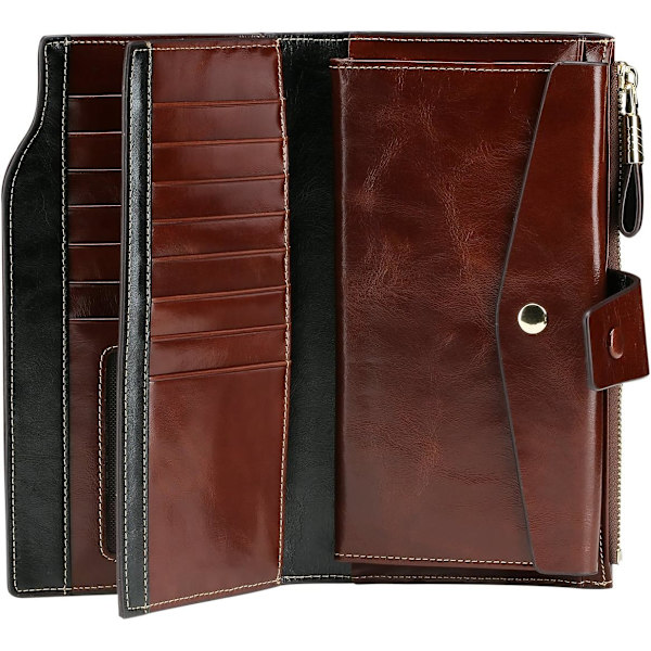 Dames RFID-blokkerende portemonnee met grote capaciteit, luxe wax echt lederen clutch portemonnee