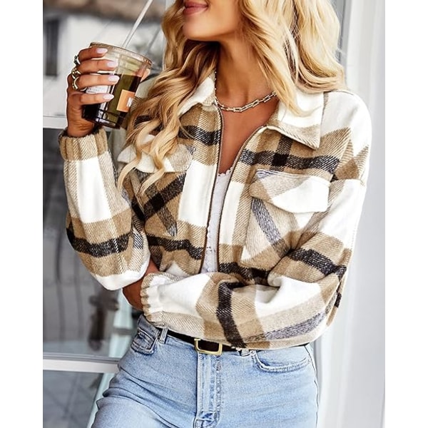 Dame Langærmet Flannel Ternet Crop Shacket Jakker Zip Up Lapel Lommer