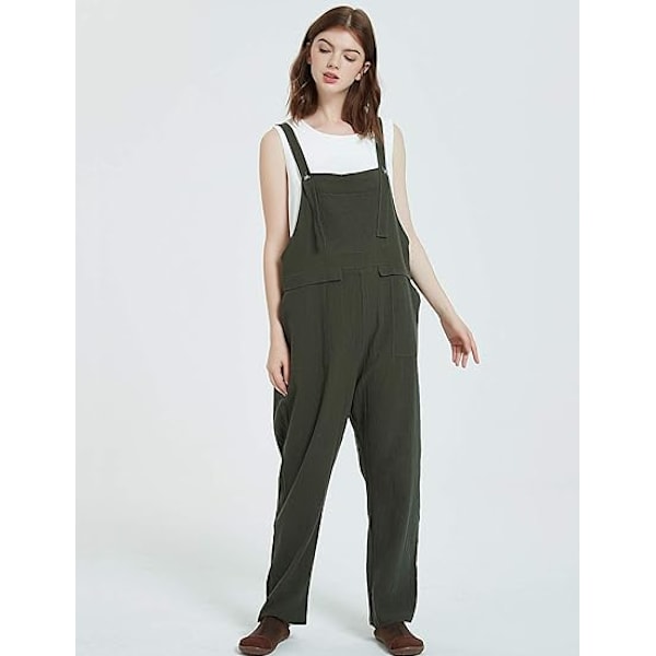Dames Mode Løs Hør Overalls ArmyGreen XXL