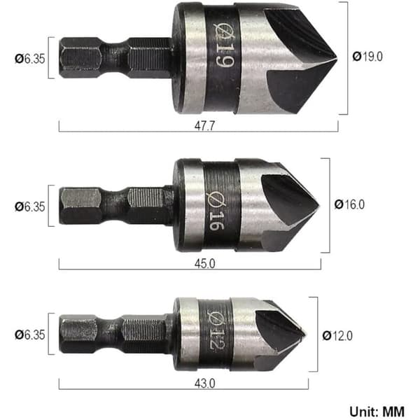 3 stk. 1/4\" Hex Chamfer Cutter 5 Flute Bor Bits Chamfer Bits Sink Countersink Countersink 12mm/16mm/19mm Til Træ Metal