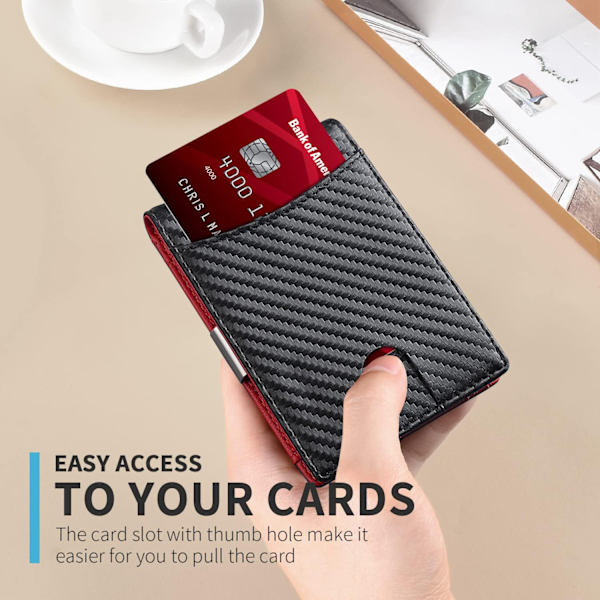 Röd plånbok för män, smal kreditkortshållare, läderplånbok med RFID-blockering, liten plånbok för män, tvådelad, minimalistisk presentask, kol, 7,8 x 11 x 1,2 cm