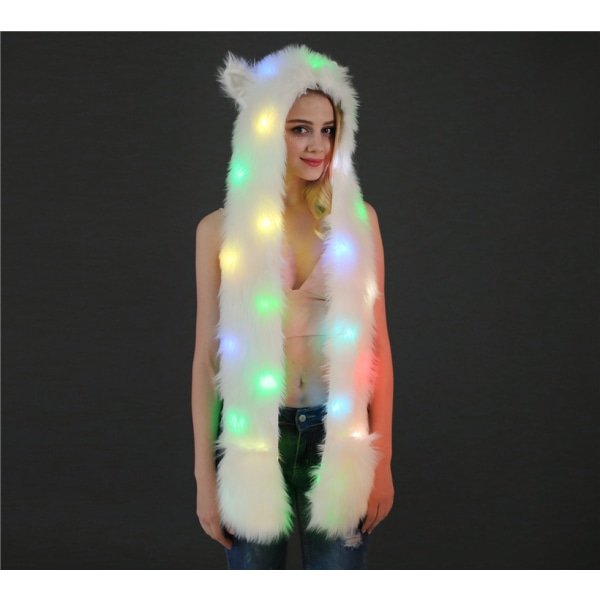 Dame LED Light Up Faux Fur Animal Ears Hette Lue med skjerf Festi
