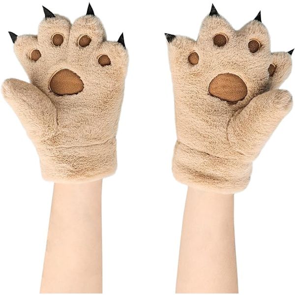 Roliga björnhandskar för barn, kvinnor, djurklohandskar, flickvinterhandvärmare med snöre, söt kattklovdräkt, julhandskar, khaki, ca 23 cm
