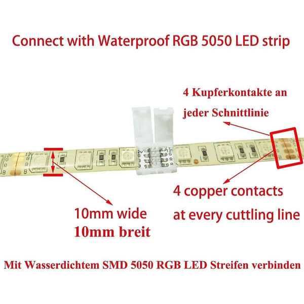 Rgb 5050 Led-liitinliitin 4-napainen 10 mm leveälle Smd 5050 Rgb Led-nauhalle (10 kpl)