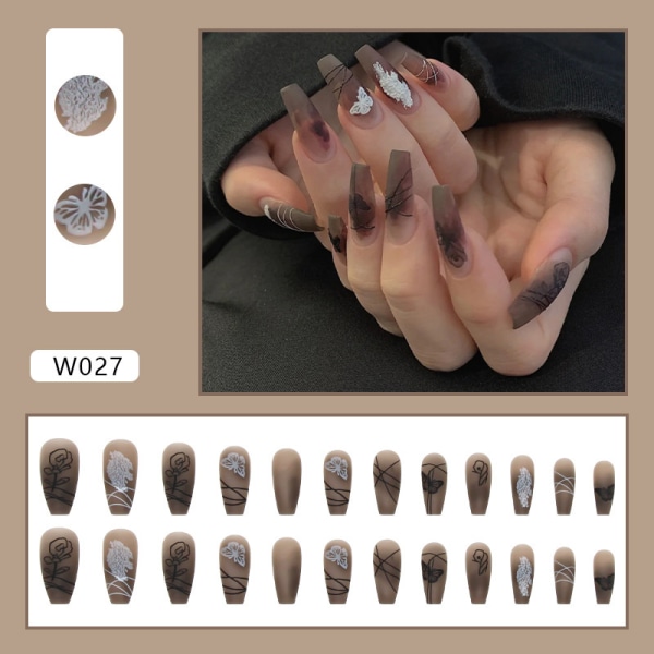 24 st Press on Nails Lång kista falska naglar Svarta lösnaglar med vitt B