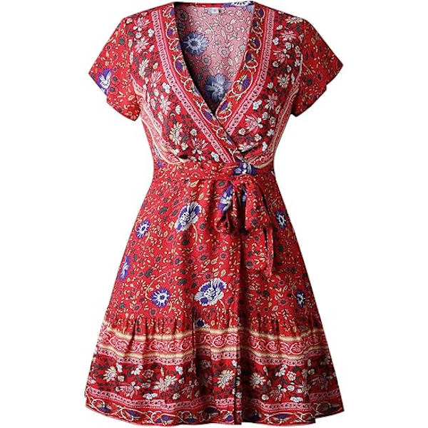 Kvinnors klänning sommar wrap boho blommigt tryck volangfåll kort ärm V-ringning