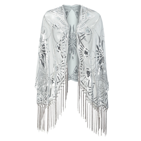 Dam 1920-talets sjal Wraps Sequin Deco Fringed Bröllop Cape Kväll Sjal Vintage