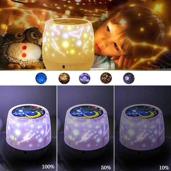 8 moduser og 8 temaer 360° roterende LED-projektorlampe, oppladbar nattlysstjerneprojeksjon for baby barn voksen soverom