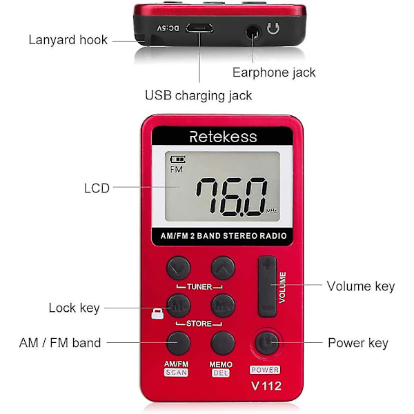 V112 Bärbar Mini Radio, Uppladdningsbar Am Fm Radio, Stationslagring, Sömn