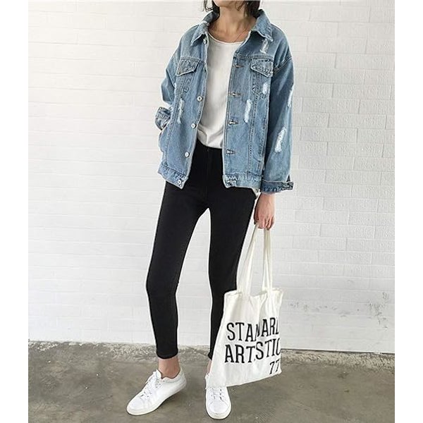 Oversize Denimjacka för kvinnor Ripped Jean Jacket Boyfriend Långärmad Co