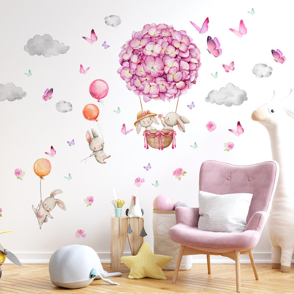 Animal Wall Decals Pink Hot Air Balloon Wall Sticker Flowers Balloons Elephant Bear Wall Decor Baby Nursery Kids Bedroom Living Room