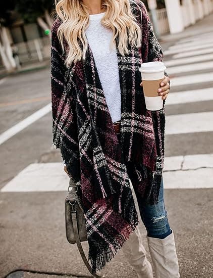 Kvinde Boho Åben Front Poncho Cape Oversize Strikket Ternet Sjal Wrap Cardi