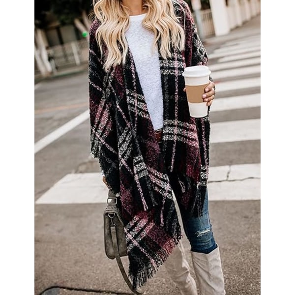 Women's Boho Open Front Poncho Cape Oversize Knitted Plaid Shawl Wrap Cardi