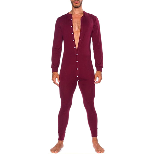 Miesten Onesie-pyjama, pitkähihainen, yhden kappaleen napitettava haalari, romper-yöasu
