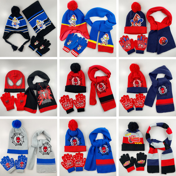 Spider-Man vinter varm strikket lue + skjerf + hansker sett for barn