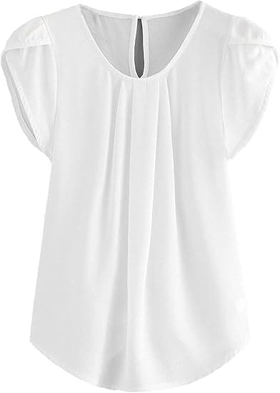 Kvinders Casual Crew Neck Basic Plisseret Top Cap Ærmer Buet Nøglehul Ryg