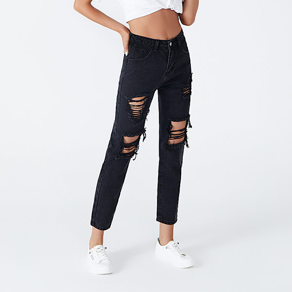 Dame Ripped Boyfriend Jeans Distressed Denim Ankel-længde Jeans XL