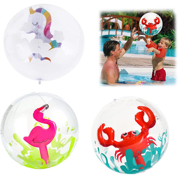 Strandball for barn*3 stk, gjennomsiktig oppblåsbar strandball, svømmebassengstrandball, dyrestrandballer med flamingo, enhjørning, krabbe, oppblåsbar strandball, 40 cm