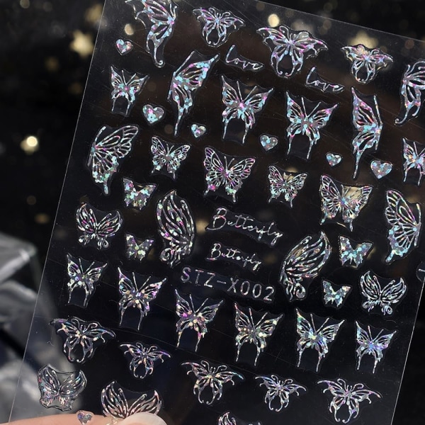 3 ark glitter negle stickers sølv laser sommerfugl design folie glitter