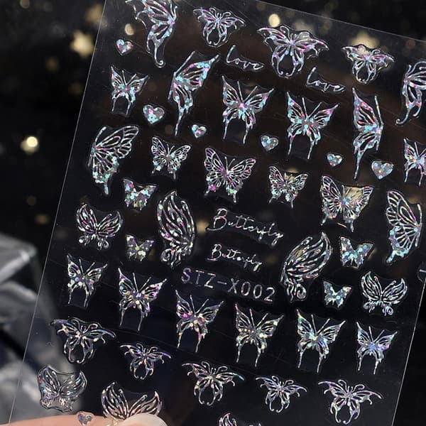 3 arkkia kimaltelevaa kynsien tarraa hopeinen laserperhonen design folio kimalle
