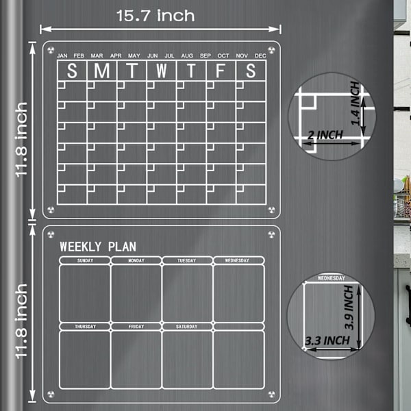 Akryylinen magneettinen kalenteri jääkaapille, 16\"x12\" 2 kpl kirkas kuiva pyyhittävä jääkaapille Uudelleenkäytettävä kuukausittainen viikoittainen suunnittelija Valkotaulu, sisältää 4 väriä Merkit, pyyhekumi ja kynäteline